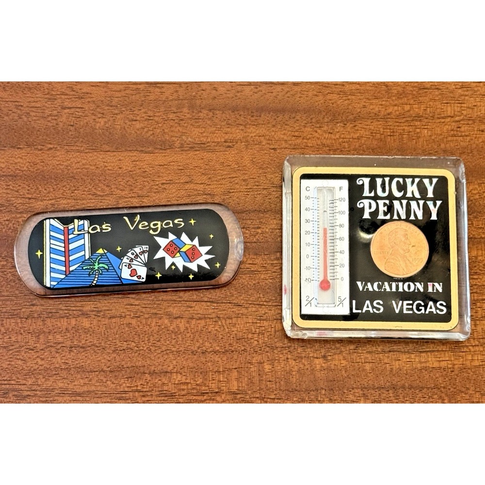 Las Vegas‎ Souvenir Magnets Lot of 2 Lucky Penny Thermometer, Dice Cards 90s
